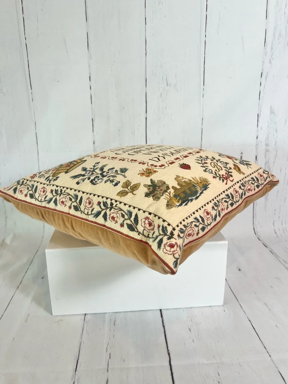 Vintage Belgian Flemish Tapestry Alphabet Sampler Throw Pillow 18x18